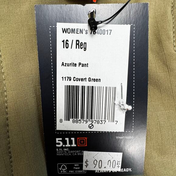 5.11 Tactical Women's Azurite Pants Covert Green Size 16 New with Flaw Cargo - Picture 11 of 14